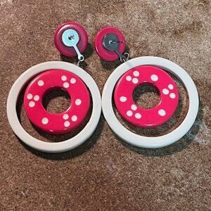 VTG Pink White Polka Dot Double Circular Hoop Stud Retro Earrings 1.5"